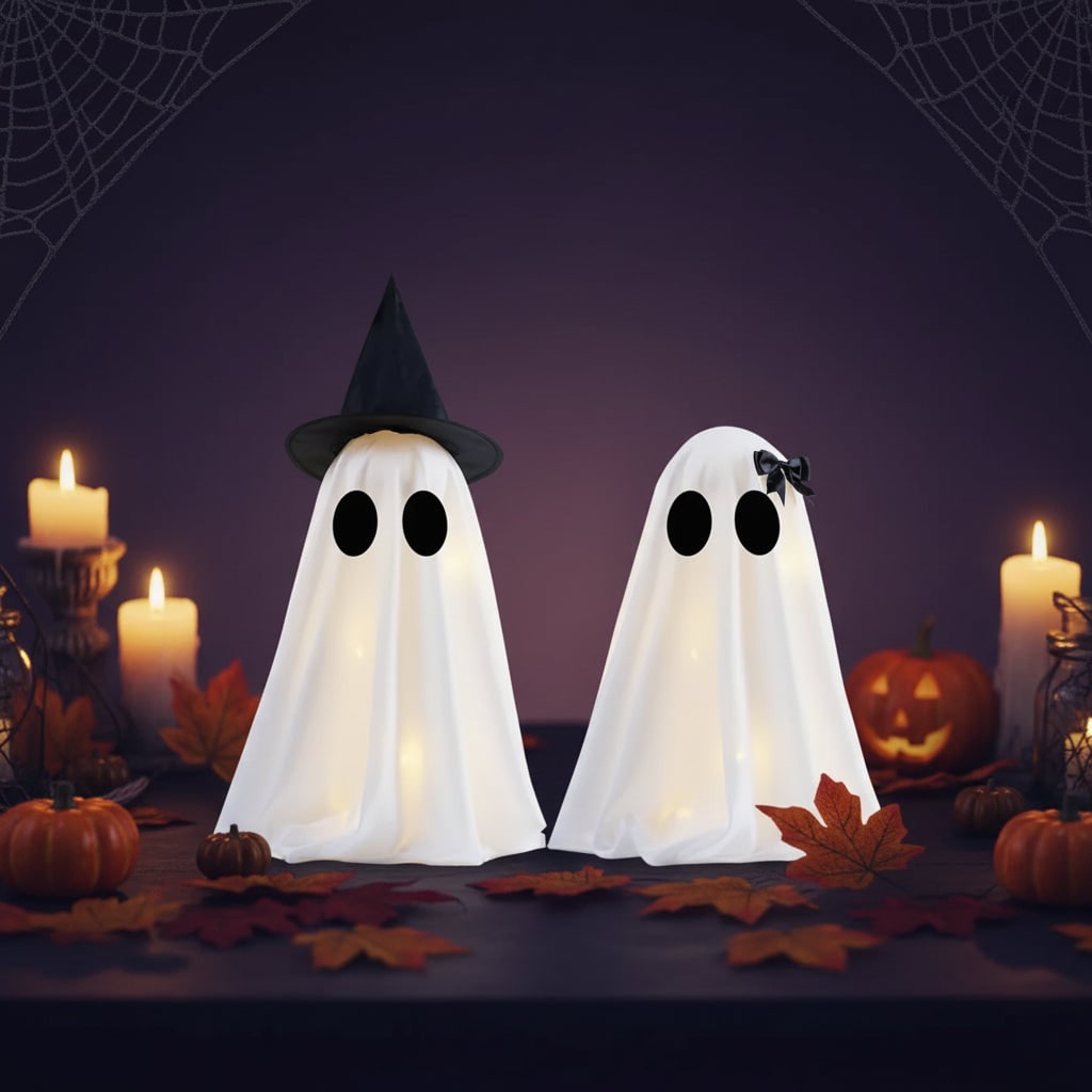 Halloween Ghost Decorations with Warm White LED Lights Set of Two Up for Tabletop Party Decor - Image 4