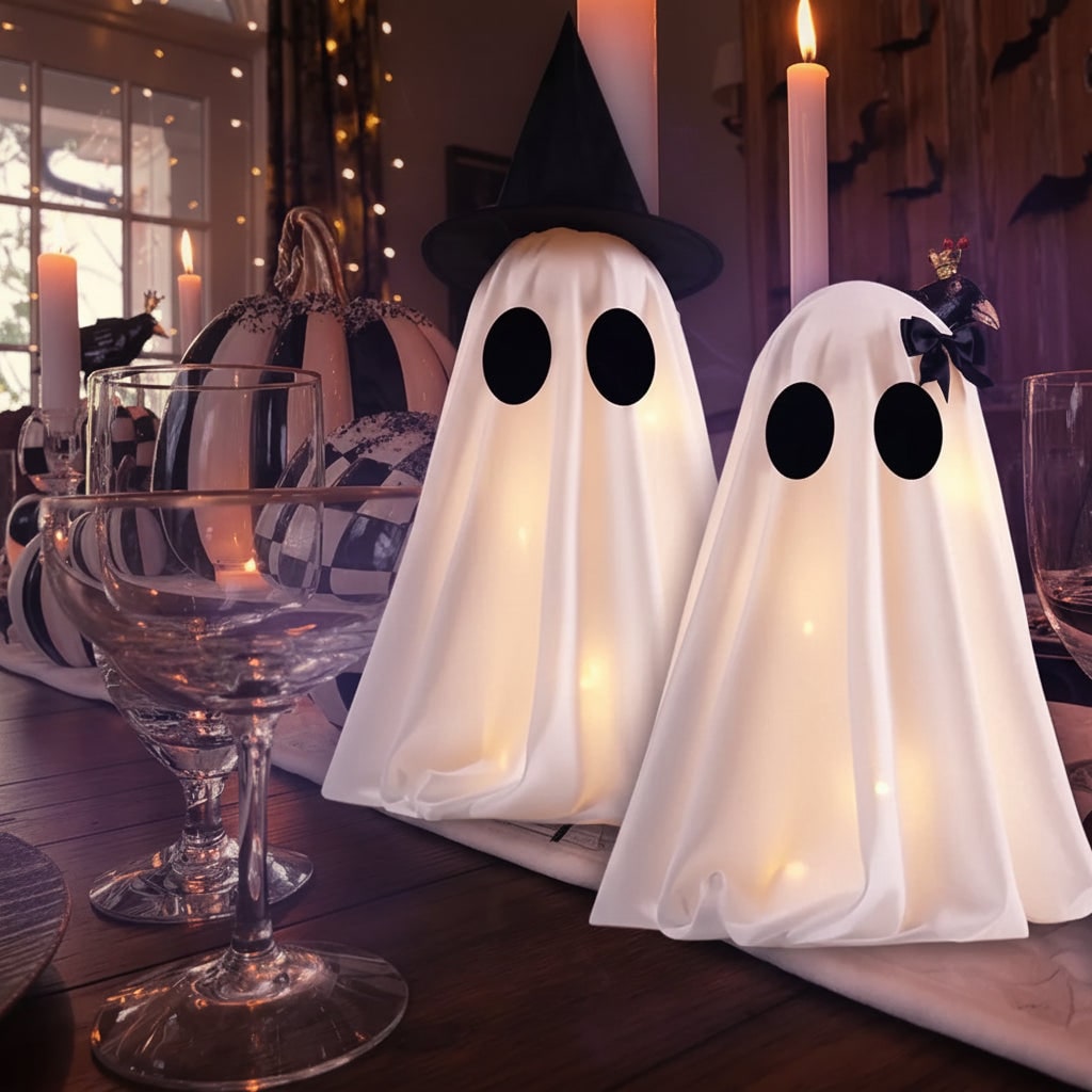 Halloween Ghost Decorations with Warm White LED Lights Set of Two Up for Tabletop Party Decor - Image 5