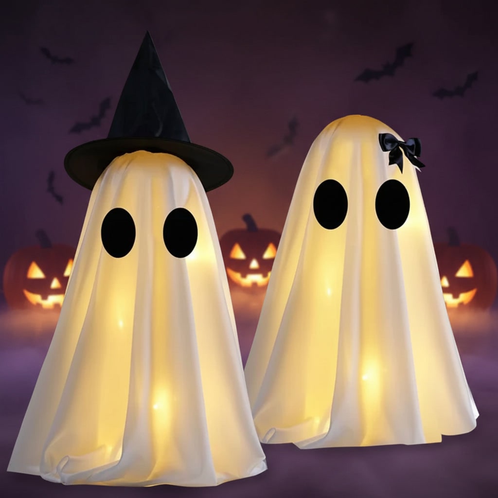 Halloween Ghost Decorations with Warm White LED Lights Set of Two Up for Tabletop Party Decor - Image 6