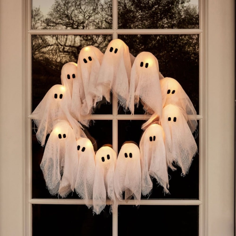 Halloween Ghost Wreath with LED Lights Black Gauze Door for Outdoor Decoration - Image 1
