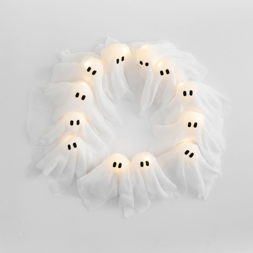 Halloween Ghost Wreath with LED Lights Black Gauze Door for Outdoor Decoration - Image 2