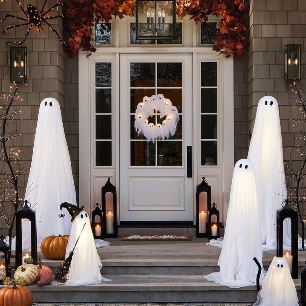 Halloween Ghost Wreath with LED Lights Black Gauze Door for Outdoor Decoration - Image 5