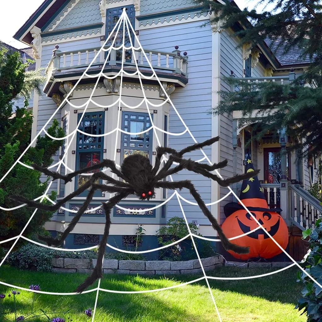 Halloween Giant Spider Web Decoration with Poseable Fuzzy and Rope for Outdoor Yard - Image 1