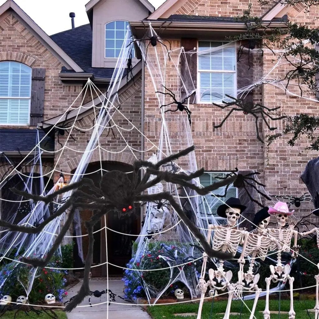 Halloween Giant Spider Web Decoration with Poseable Fuzzy and Rope for Outdoor Yard - Image 2