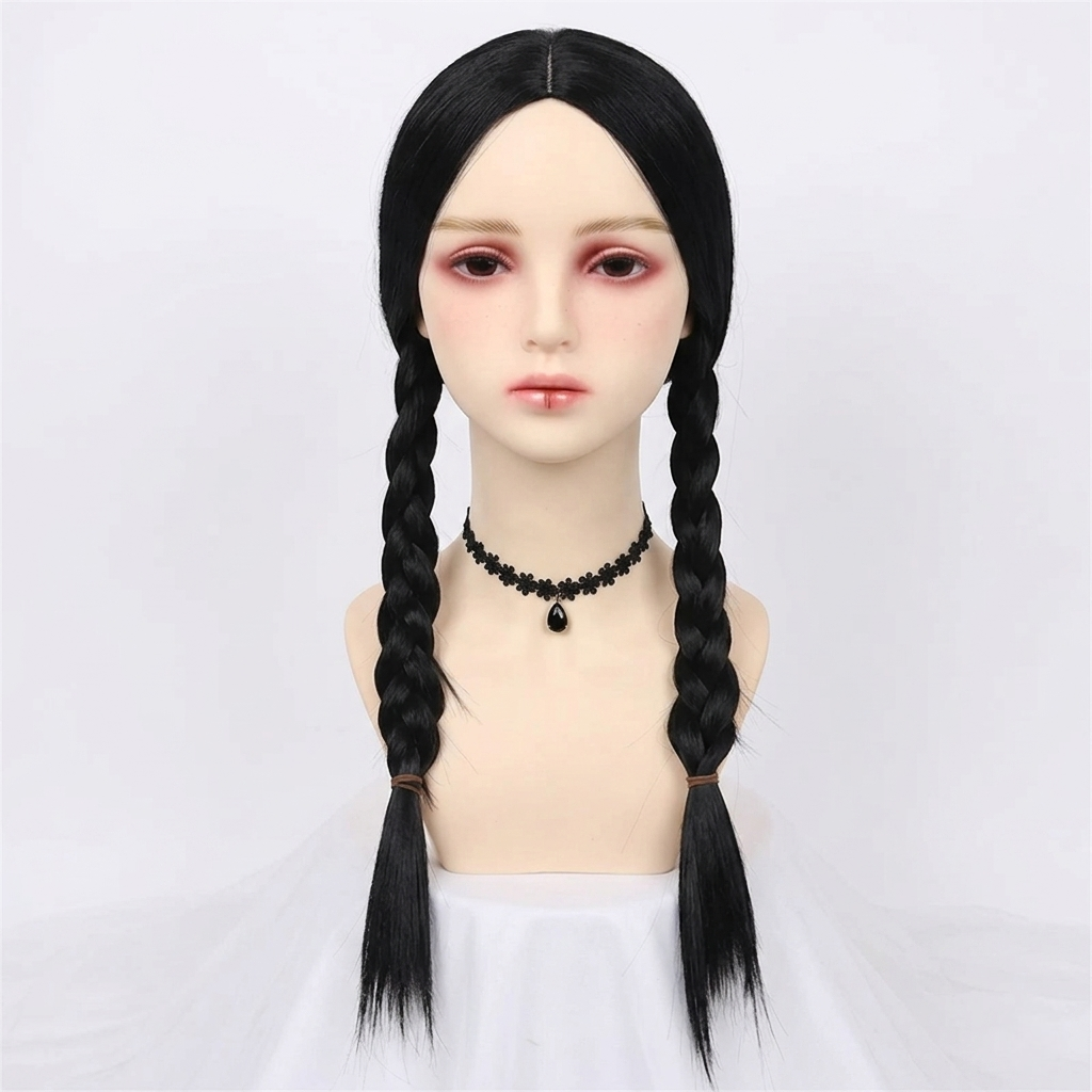 Halloween gothic schoolgirl Costume Dress with White Collar and Braided Cosplay Outfit - Image 2