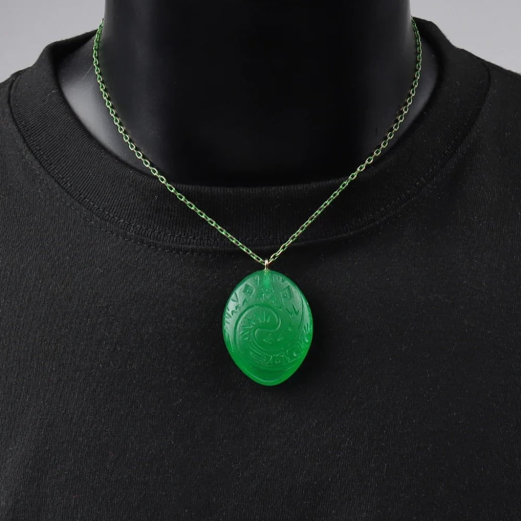 Halloween Green Jade Stone Pendant Necklace Large Charm - Image 3