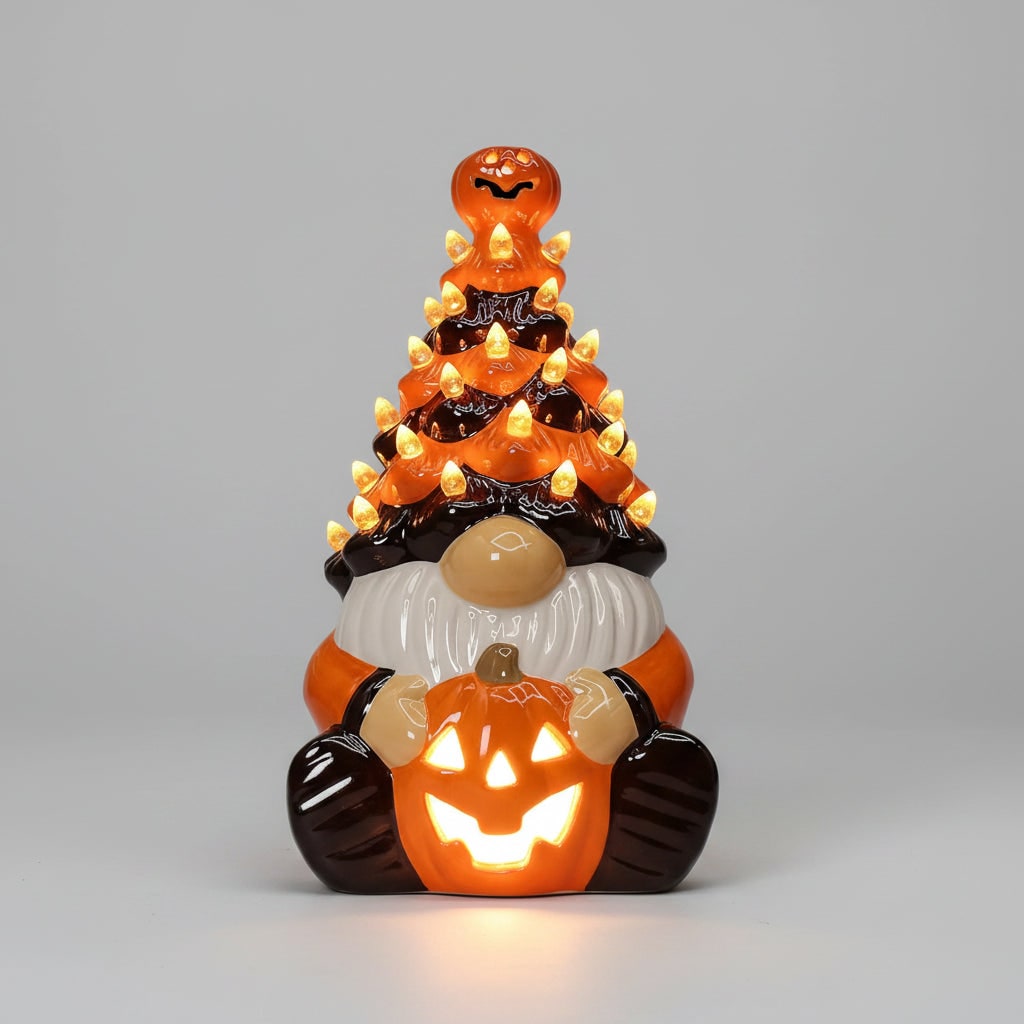 Halloween Jack O Lantern Ceramic Gnome Light-Up Figurine with Pumpkin for Party Decorations - Image 1