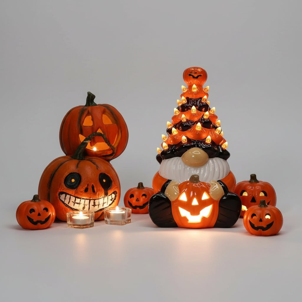 Halloween Jack O Lantern Ceramic Gnome Light-Up Figurine with Pumpkin for Party Decorations - Image 2