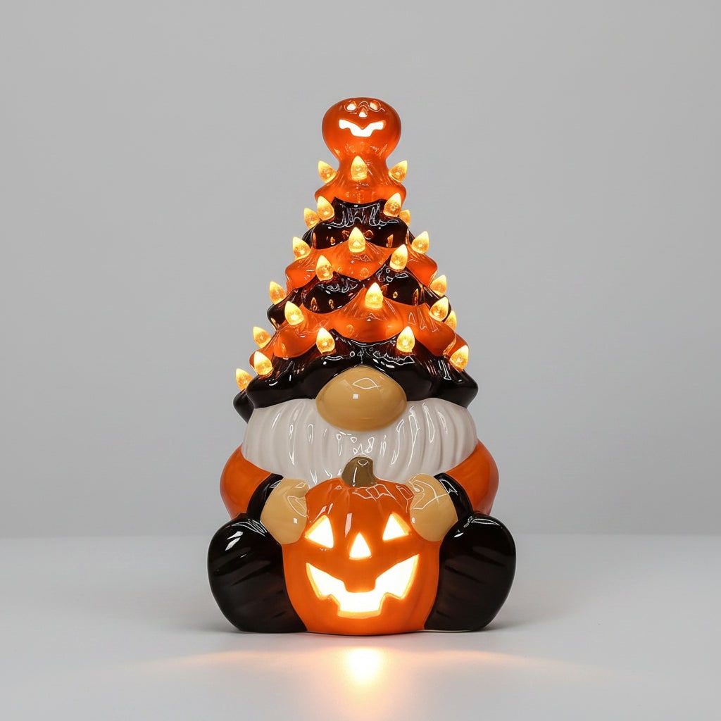 Halloween Jack O Lantern Ceramic Gnome Light-Up Figurine with Pumpkin for Party Decorations - Image 3