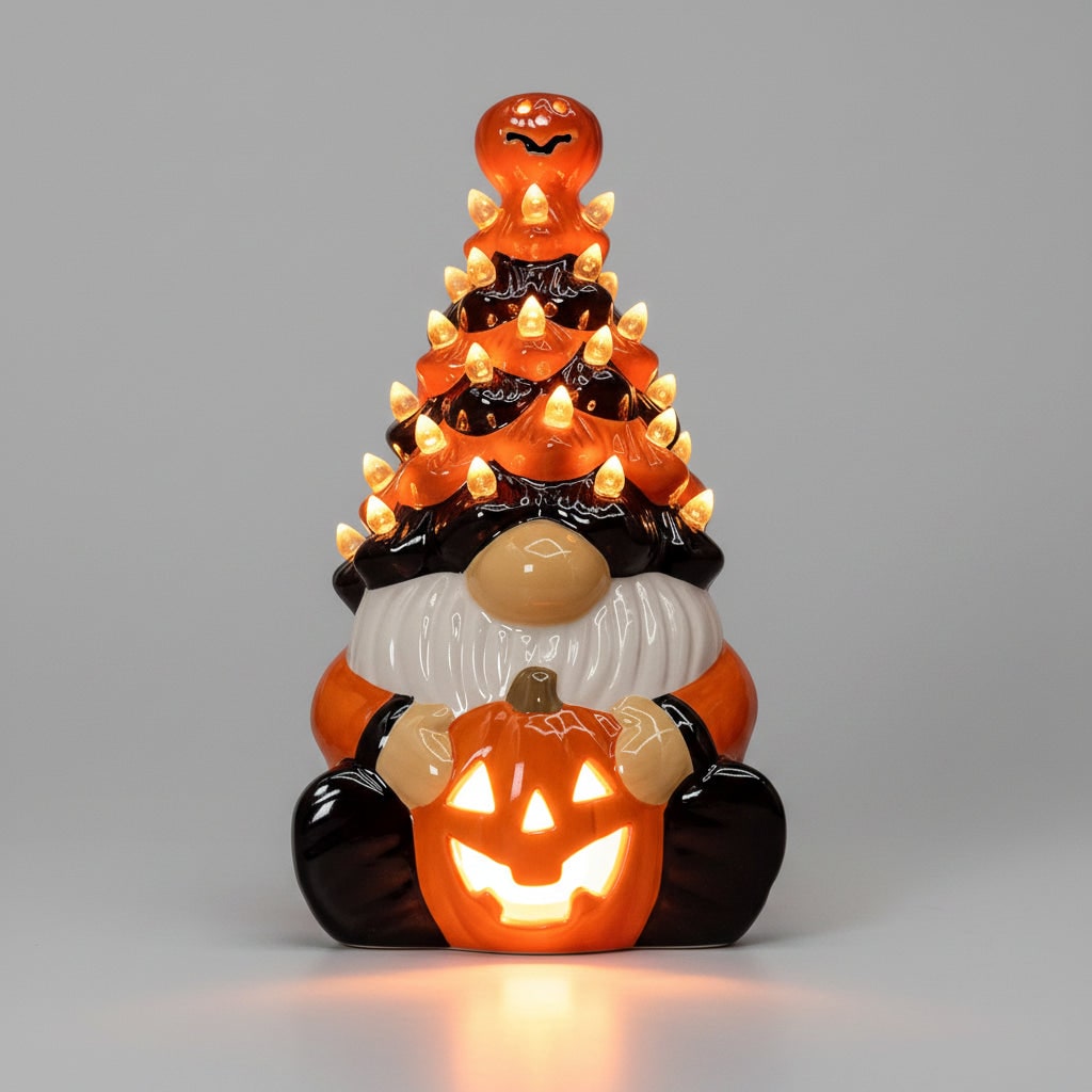Halloween Jack O Lantern Ceramic Gnome Light-Up Figurine with Pumpkin for Party Decorations - Image 4