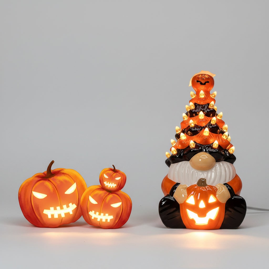 Halloween Jack O Lantern Ceramic Gnome Light-Up Figurine with Pumpkin for Party Decorations - Image 5