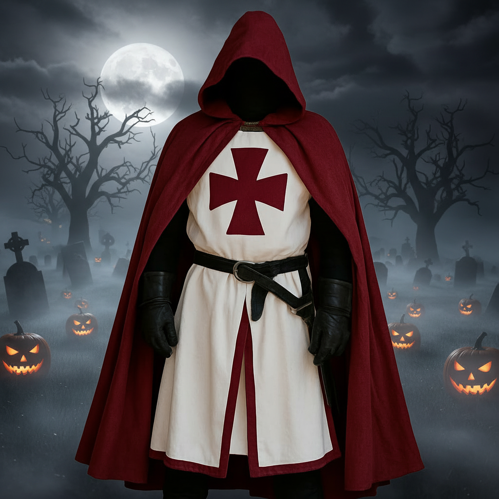 Halloween Medieval Knight Costume Templar Crusader Tunic with Contrasting Trim and Split Hem Panels - Image 1