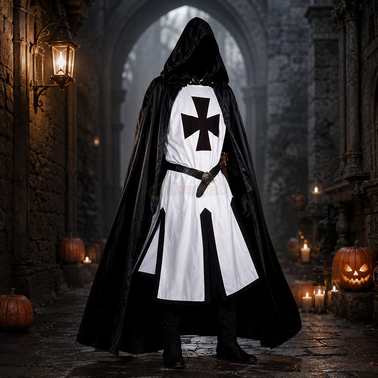 Halloween Medieval Knight Costume Templar Crusader Tunic with Contrasting Trim and Split Hem Panels - Image 10