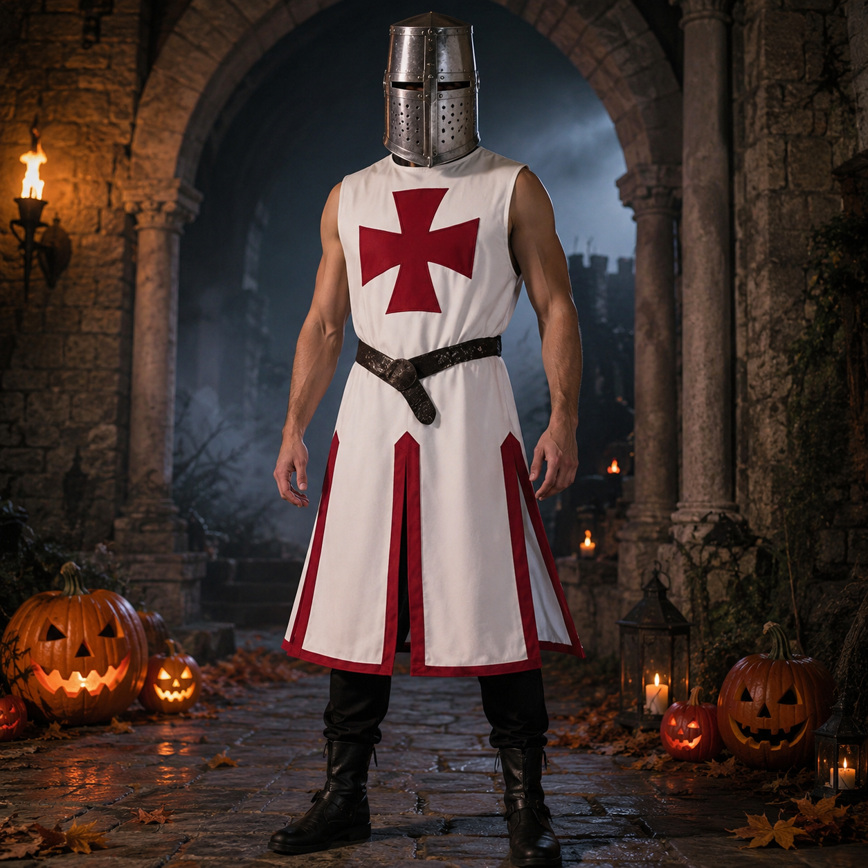 Halloween Medieval Knight Costume Templar Crusader Tunic with Contrasting Trim and Split Hem Panels - Image 3