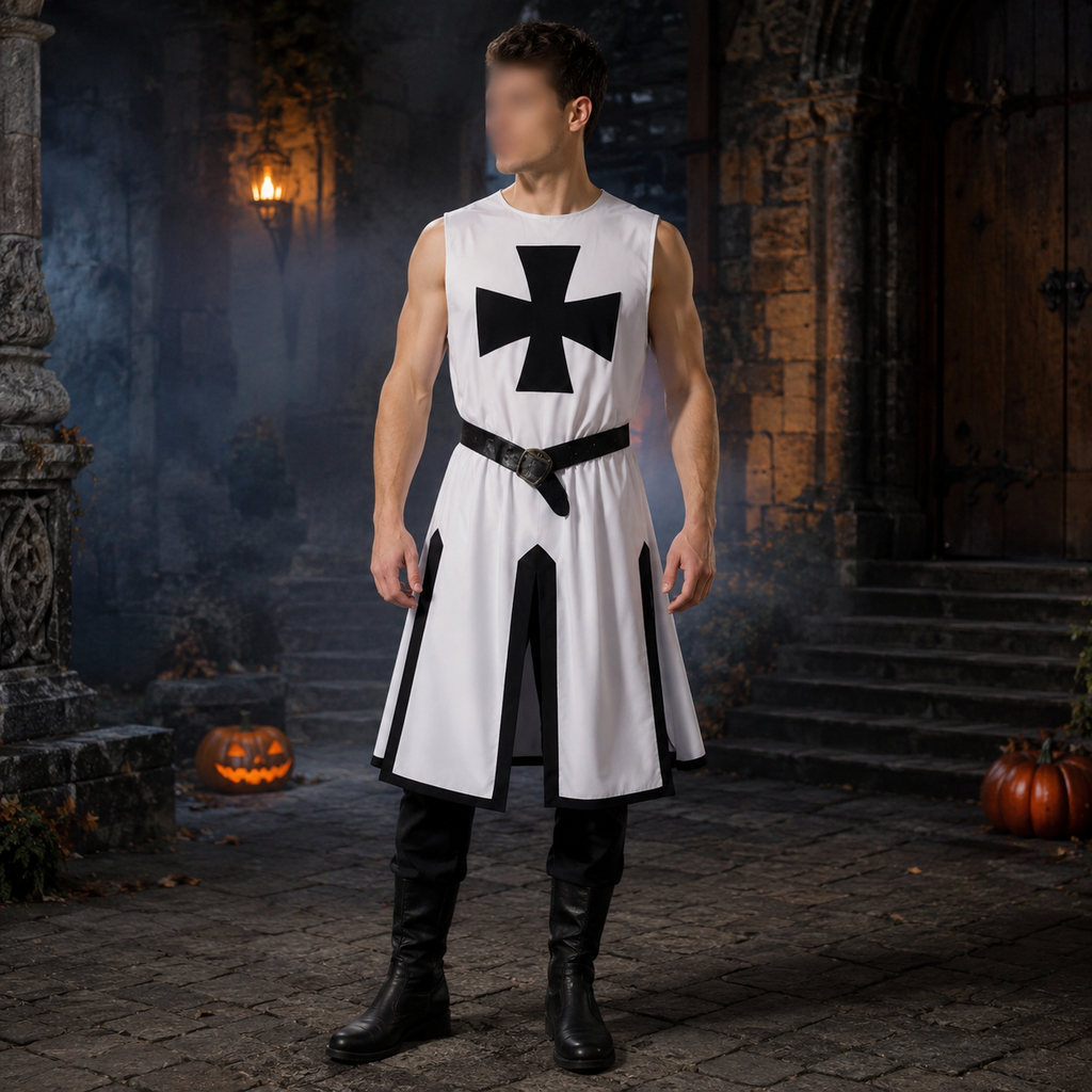 Halloween Medieval Knight Costume Templar Crusader Tunic with Contrasting Trim and Split Hem Panels - Image 4