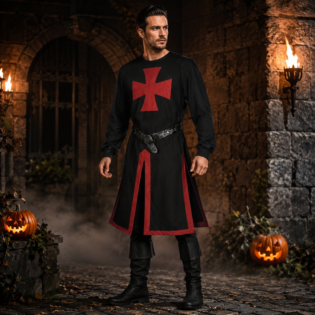 Halloween Medieval Knight Costume Templar Crusader Tunic with Contrasting Trim and Split Hem Panels - Image 5