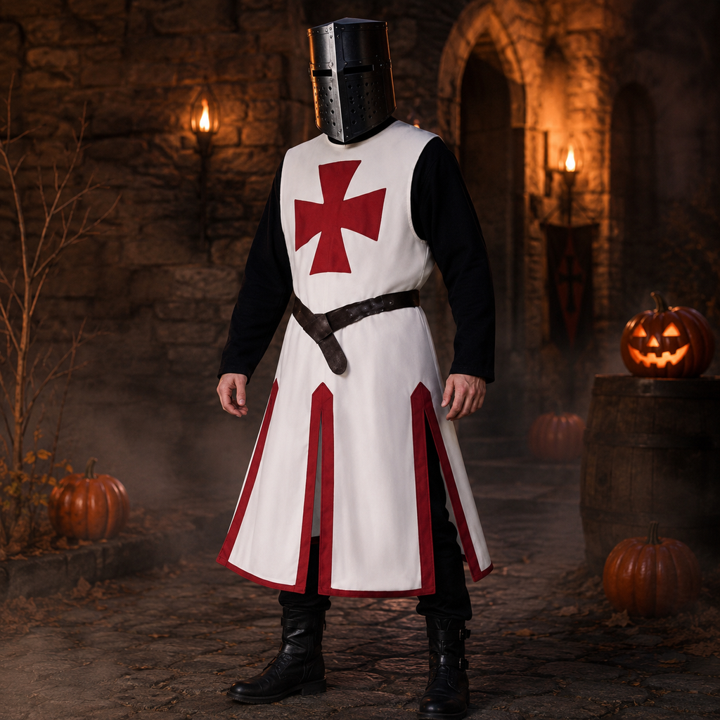Halloween Medieval Knight Costume Templar Crusader Tunic with Contrasting Trim and Split Hem Panels - Image 6