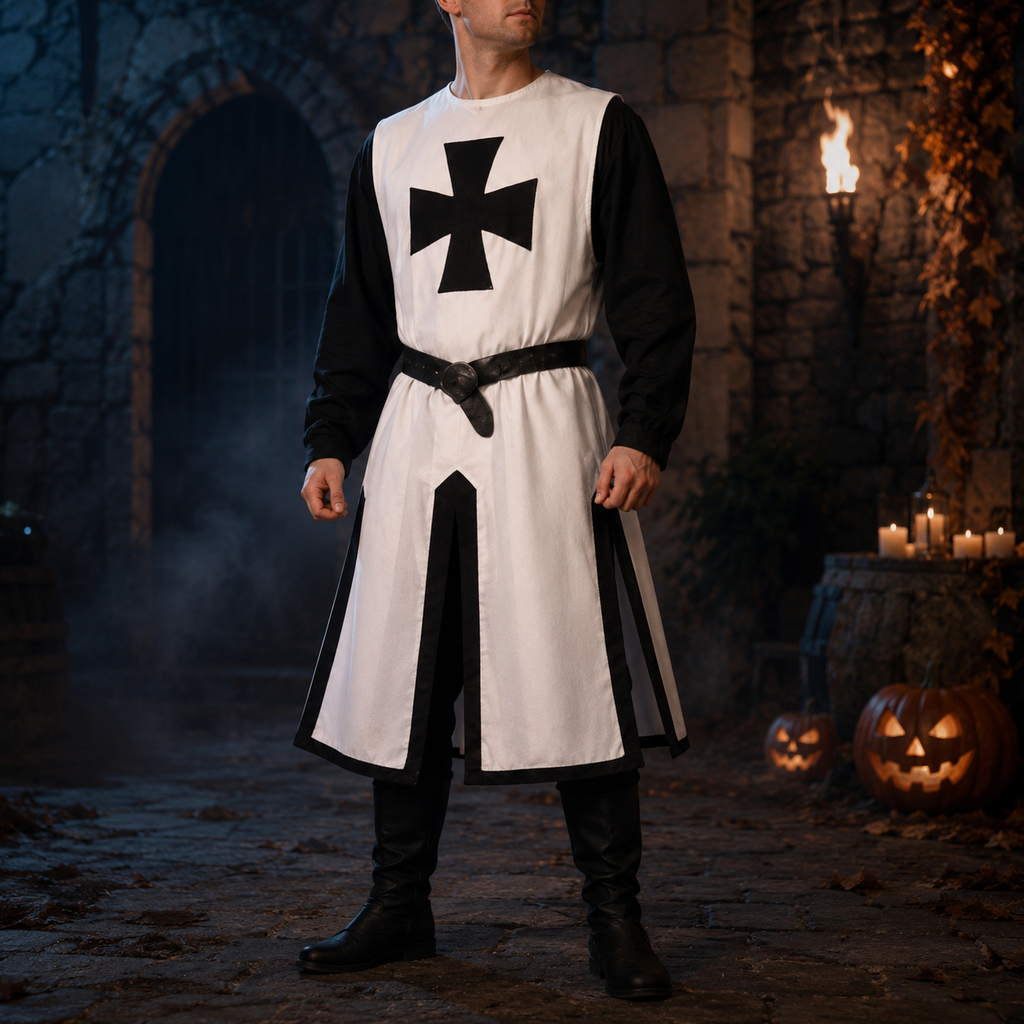 Halloween Medieval Knight Costume Templar Crusader Tunic with Contrasting Trim and Split Hem Panels - Image 7