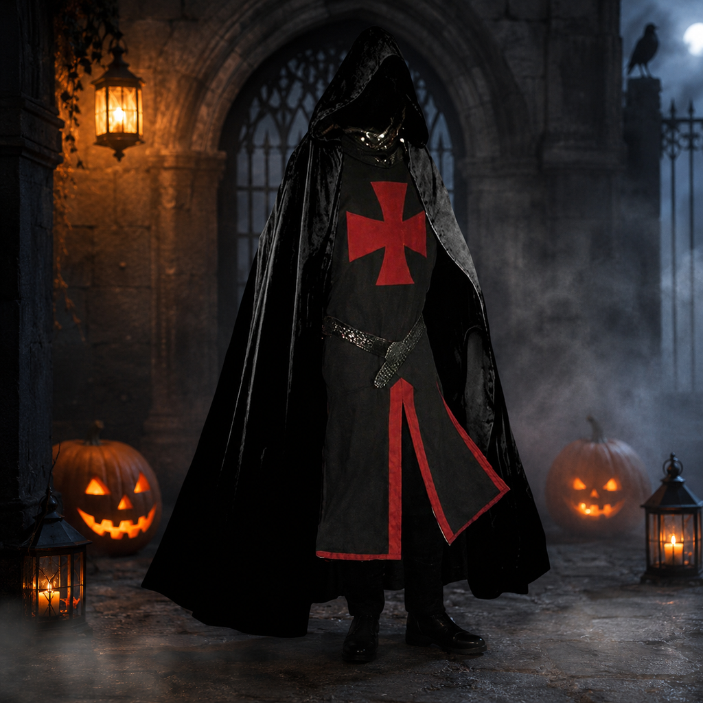 Halloween Medieval Knight Costume Templar Crusader Tunic with Contrasting Trim and Split Hem Panels - Image 8