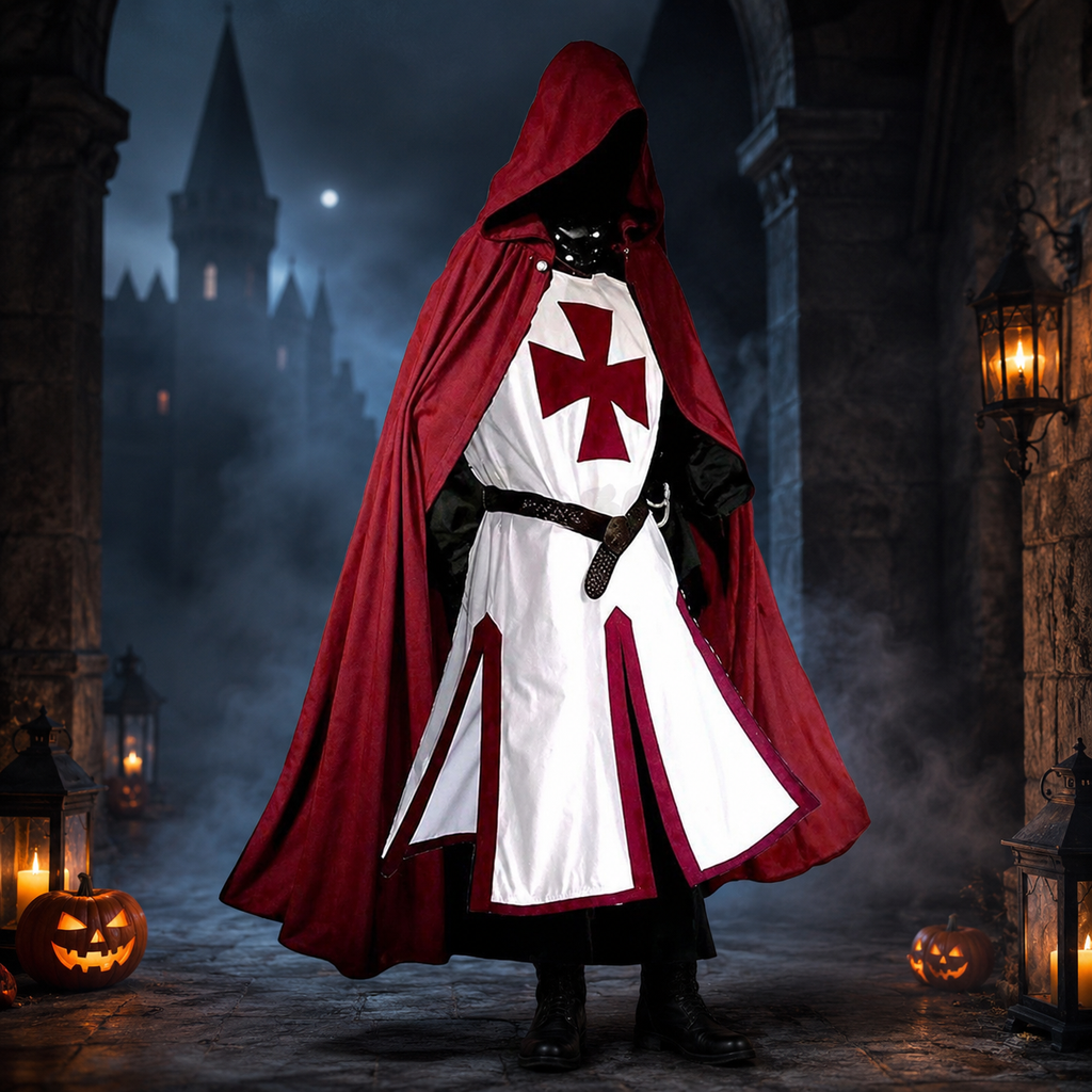 Halloween Medieval Knight Costume Templar Crusader Tunic with Contrasting Trim and Split Hem Panels - Image 9