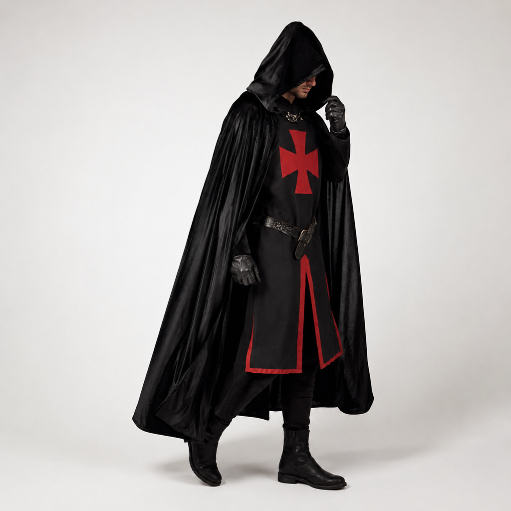 Halloween Medieval Knight Costume Tunic with Hooded and Templar Cross for Cosplay Party - Image 1