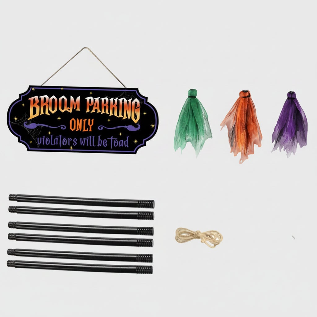 Halloween No Parking Anytime Broom Sign with Decorative Mesh Outdoor Yard Decoration - Image 1