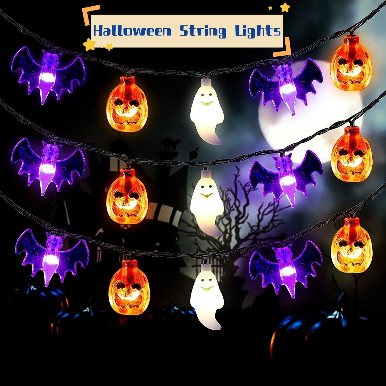 Halloween Outdoor String Lights with LED and Bat Figures Battery Operated for Patio Party Decoration - Image 1