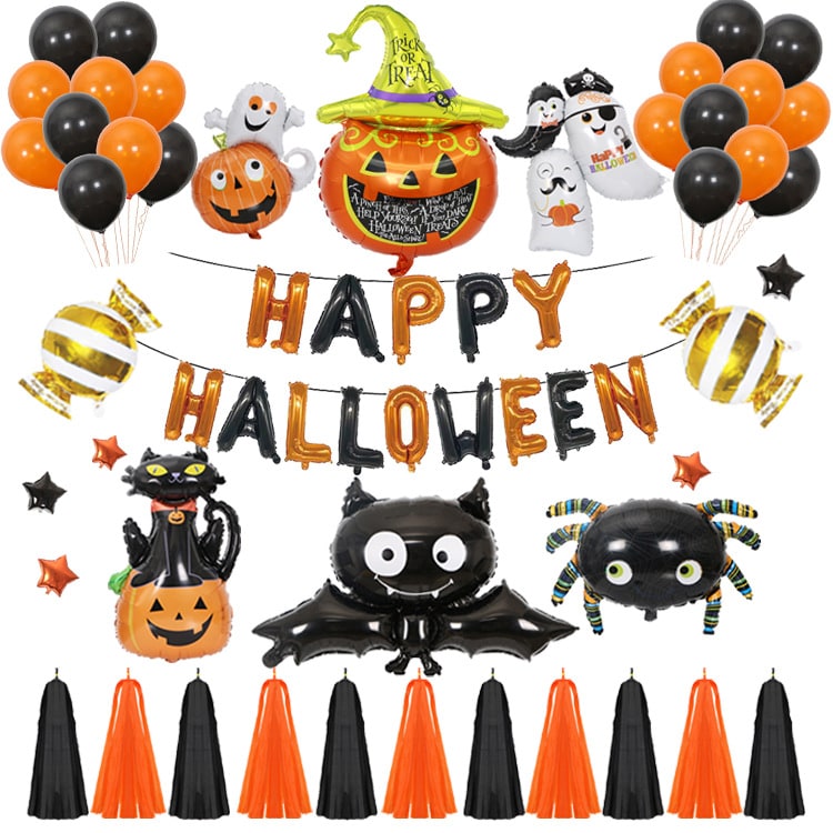 Halloween Party Balloons with Foil Letter Bat Pumpkin and Spider Decorations Kit - Image 1