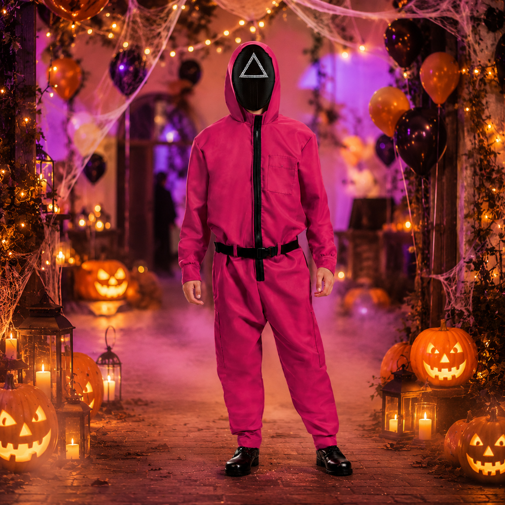 Halloween Pink Jumpsuit Costume with and Belt for Party - Image 1