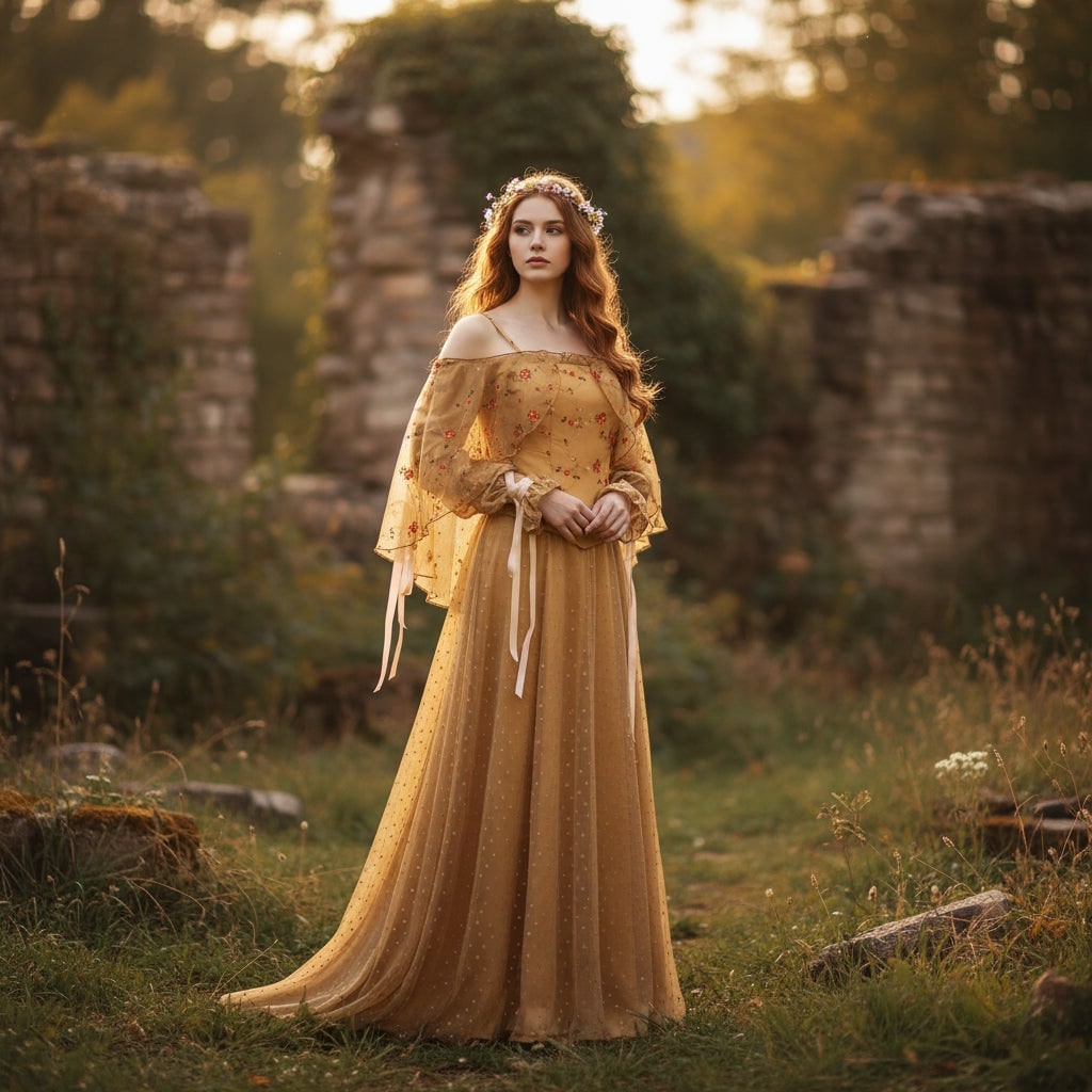 Halloween Plus Size Medieval Dress Costume with Embroidered Bodice and Glitter Tulle Skirt - Image 1
