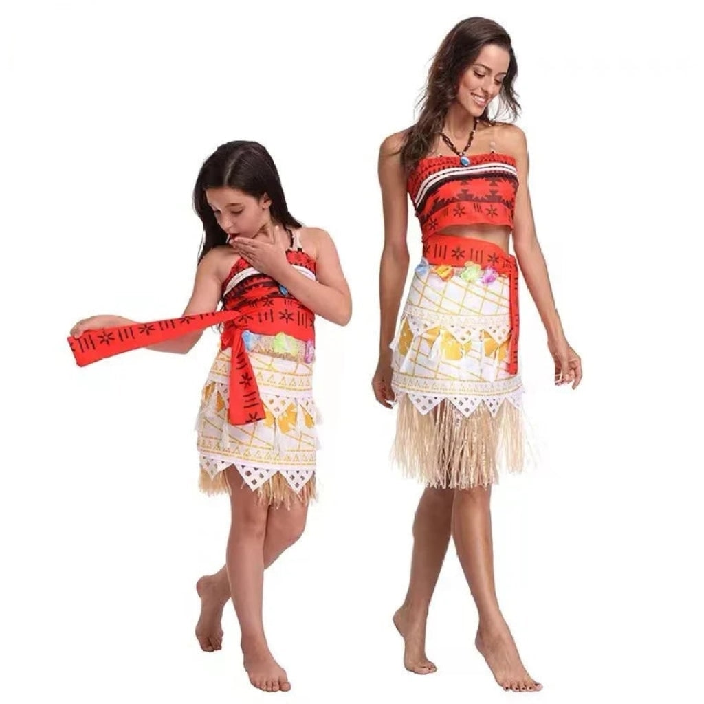 Halloween Princess Costume with Tropical Print Top Grass Skirt and Pendant - Image 3