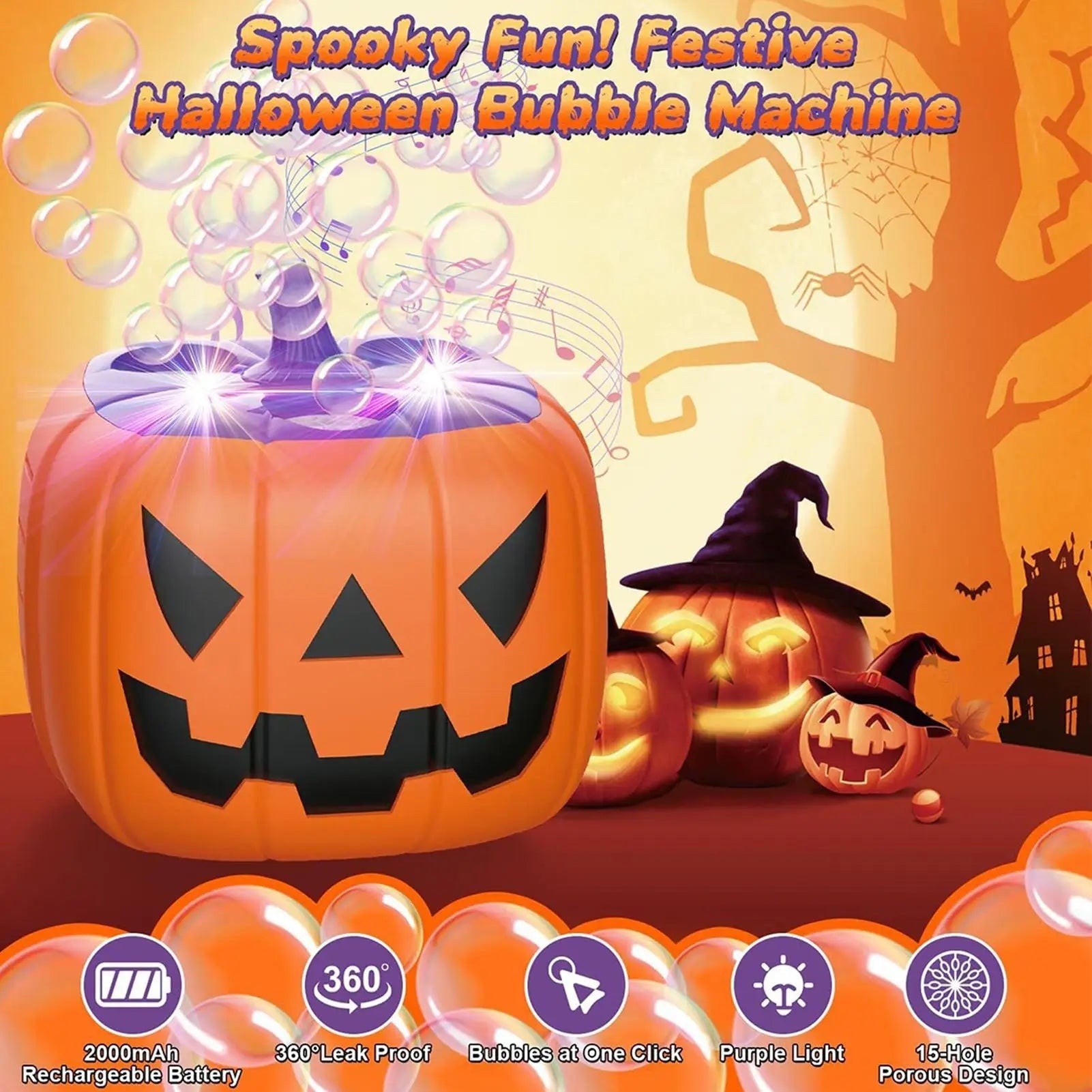 Halloween Pumpkin Bubble Machine with LED Lights and Automatic Blower for Party Outdoor Decoration - Image 12