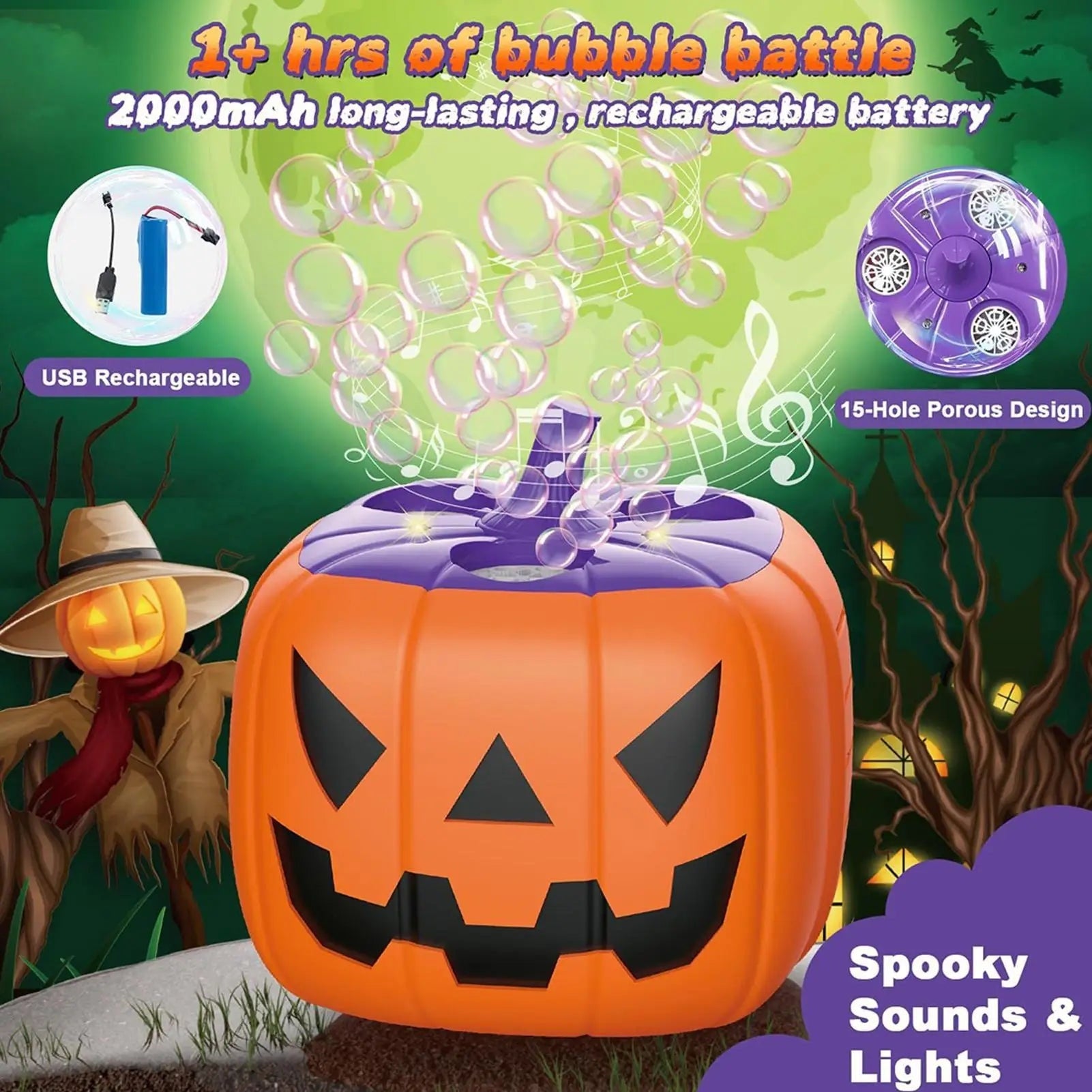 Halloween Pumpkin Bubble Machine with LED Lights and Automatic Blower for Party Outdoor Decoration - Image 15