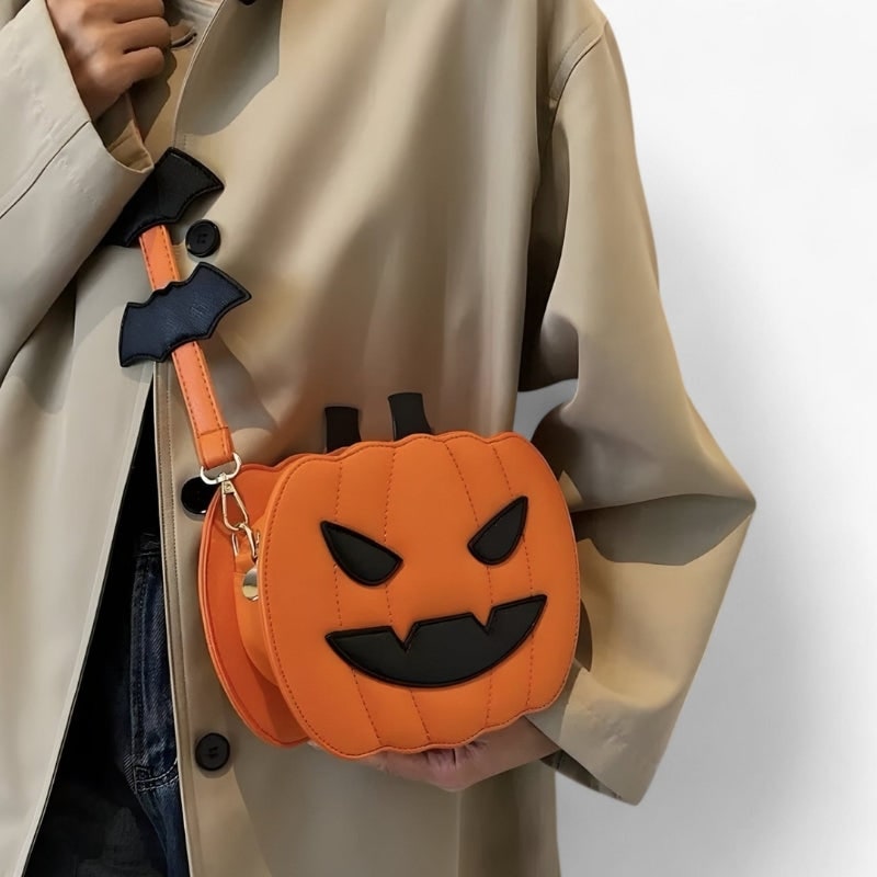 Halloween Pumpkin Purse and Handbag Jack O Lantern Crossbody Bag with Bat Accents - Image 6