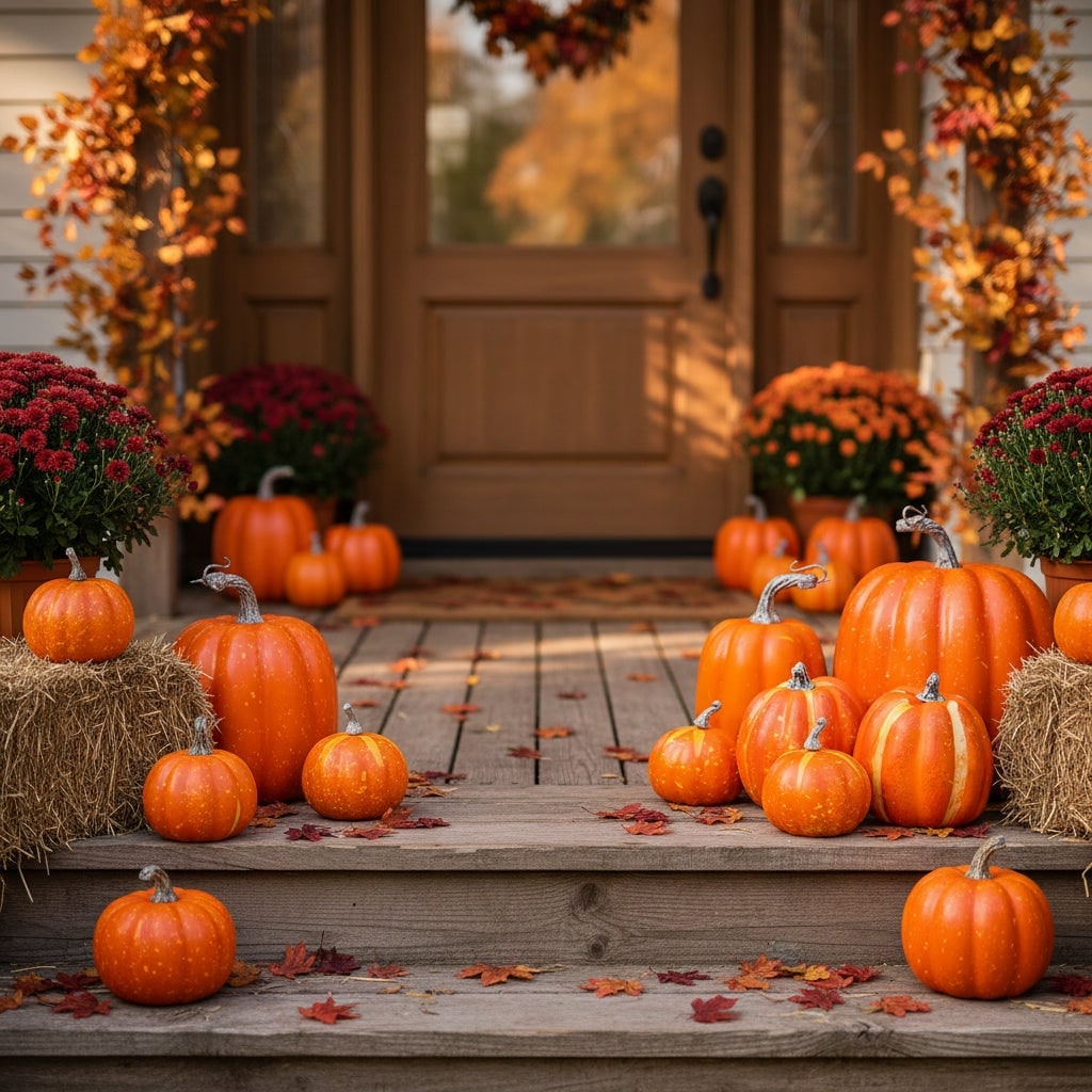 Halloween Pumpkins Fall Decorative Foam with Ribbed Texture and Curved Stems Set of 7 - Image 1