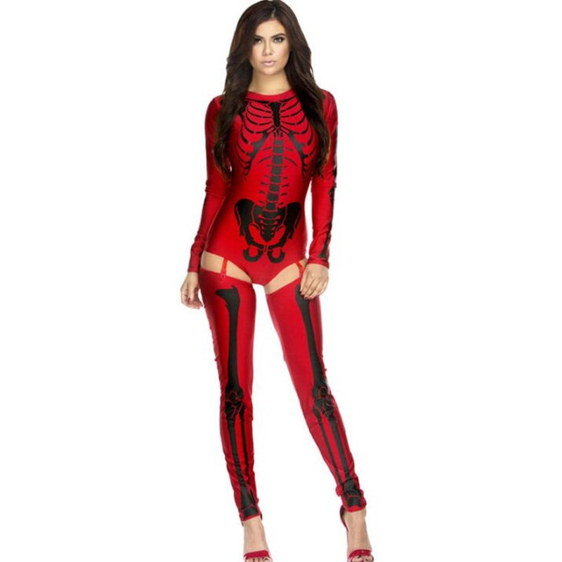 Halloween Skeleton Costume Outfit with Bodysuit and Thigh-High Leggings for Party - Image 1