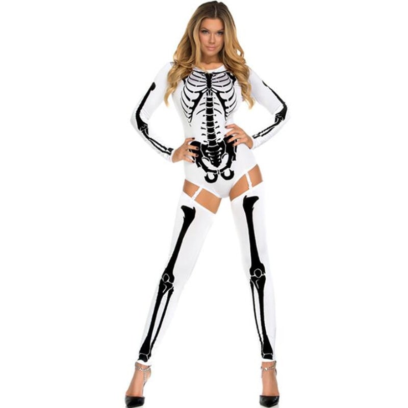 Halloween Skeleton Costume Outfit with Bodysuit and Thigh-High Leggings for Party - Image 3