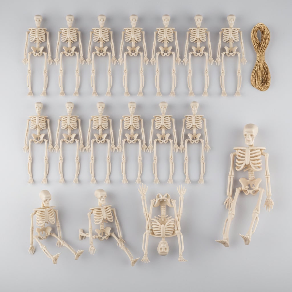 Halloween Skeleton Decorations Mini Plastic Posable Figurines with Jute Twine for Party and Haunted - Image 1