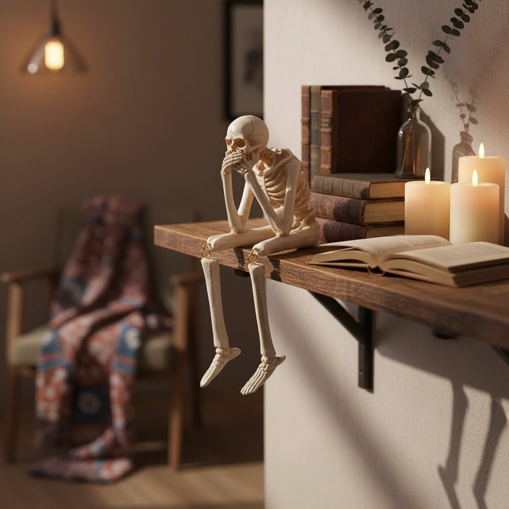 Halloween Skeleton Shelf Sitters Figurines with Dangling Legs and Poseable Joints - Image 1