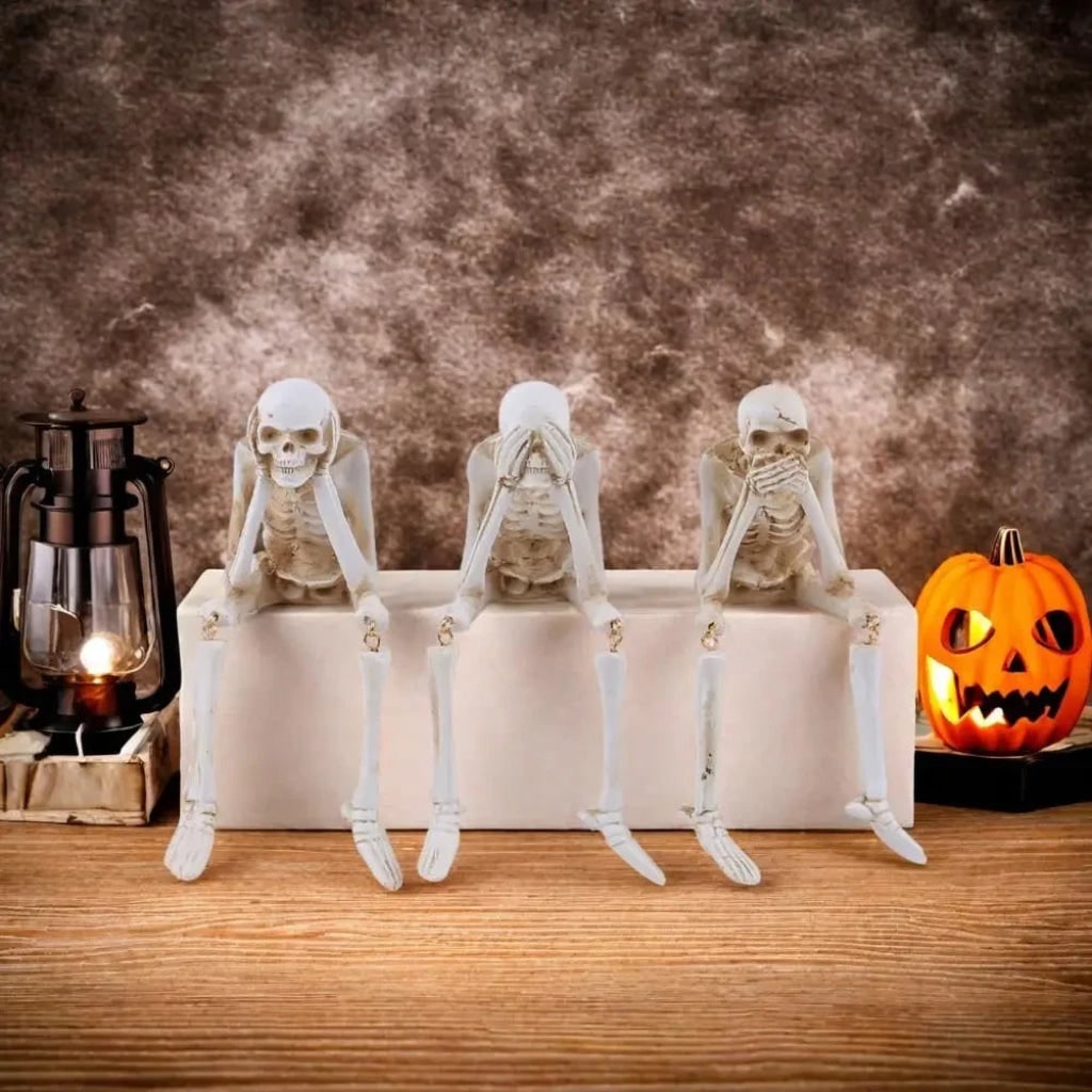 Halloween Skeleton Shelf Sitters Figurines with Dangling Legs and Poseable Joints - Image 3