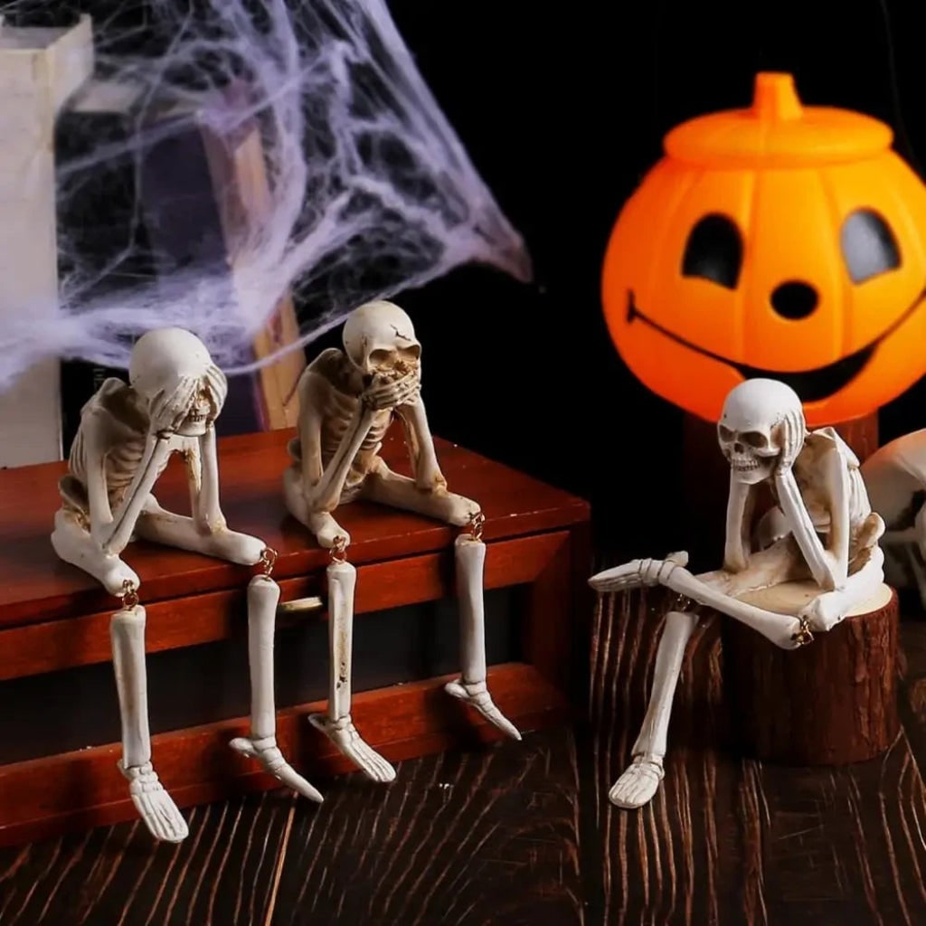 Halloween Skeleton Shelf Sitters Figurines with Dangling Legs and Poseable Joints - Image 4