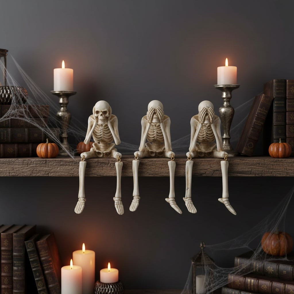 Halloween Skeleton Shelf Sitters Figurines with Dangling Legs and Poseable Joints - Image 7