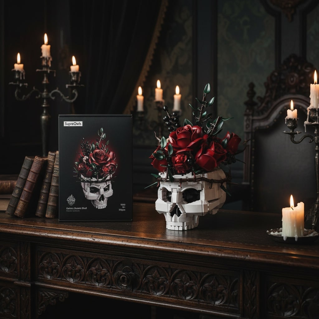 Halloween Skull Building Blocks with Magnetic Tiles and Roses Gothic Decoration Kit - Image 2