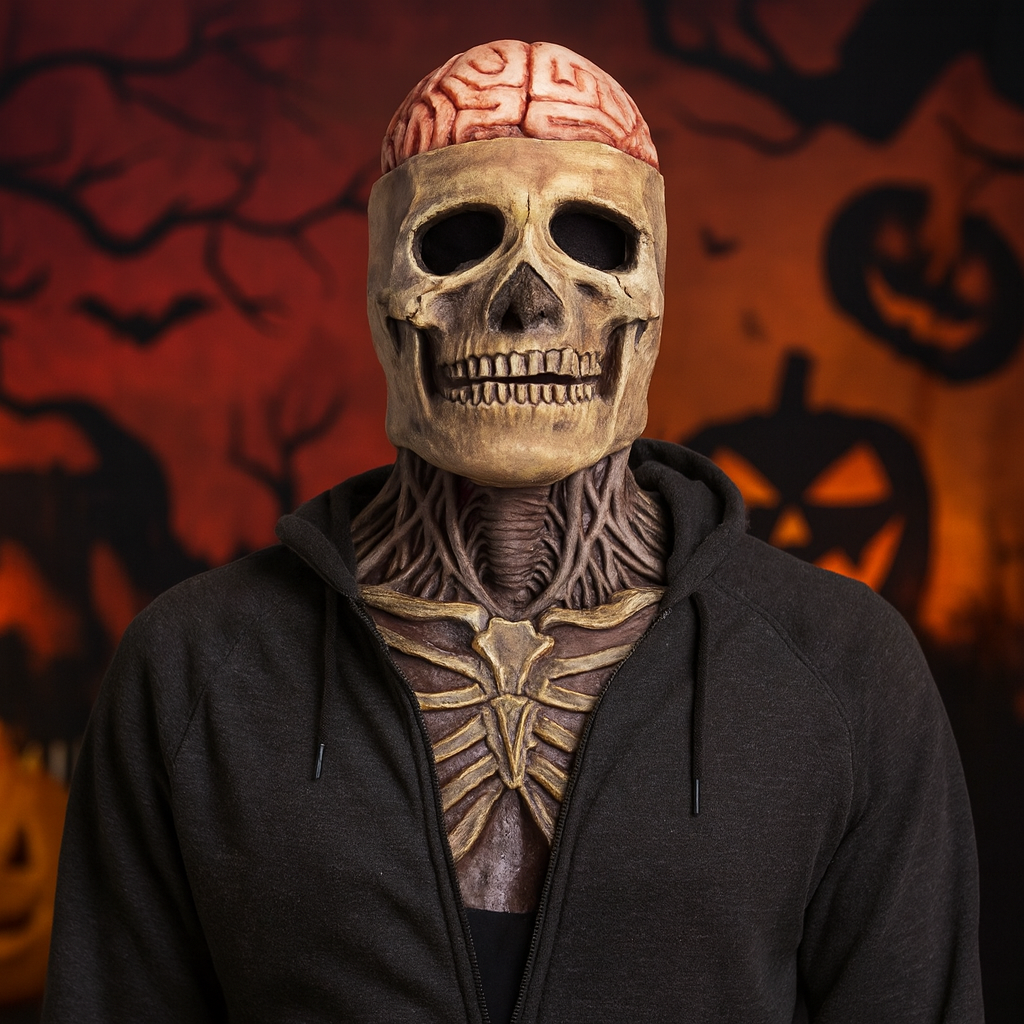 Halloween Skull Mask Horror with Exposed Brain and Chest Bib Full Head Latex Skeleton Creepy Costume - Image 1