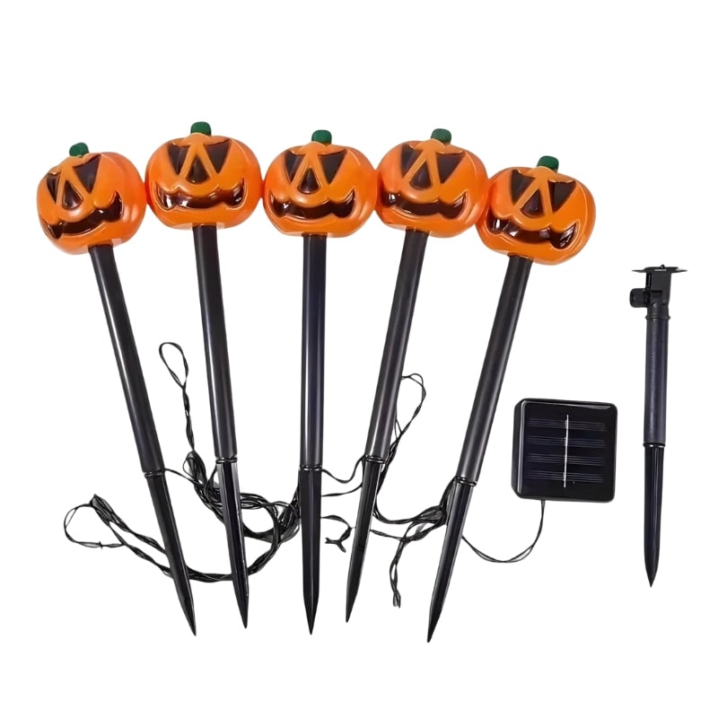 Halloween Solar Pathway Lights with Pumpkin Jack-O-Lantern Stakes Outdoor Decoration Set of 5 - Image 1
