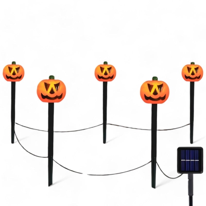 Halloween Solar Pathway Lights with Pumpkin Jack-O-Lantern Stakes Outdoor Decoration Set of 5 - Image 2