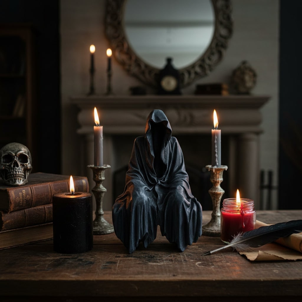 Halloween Spooky Grim Reaper Shelf Sitter Statue Resin Figurine Decoration Hooded - Image 1