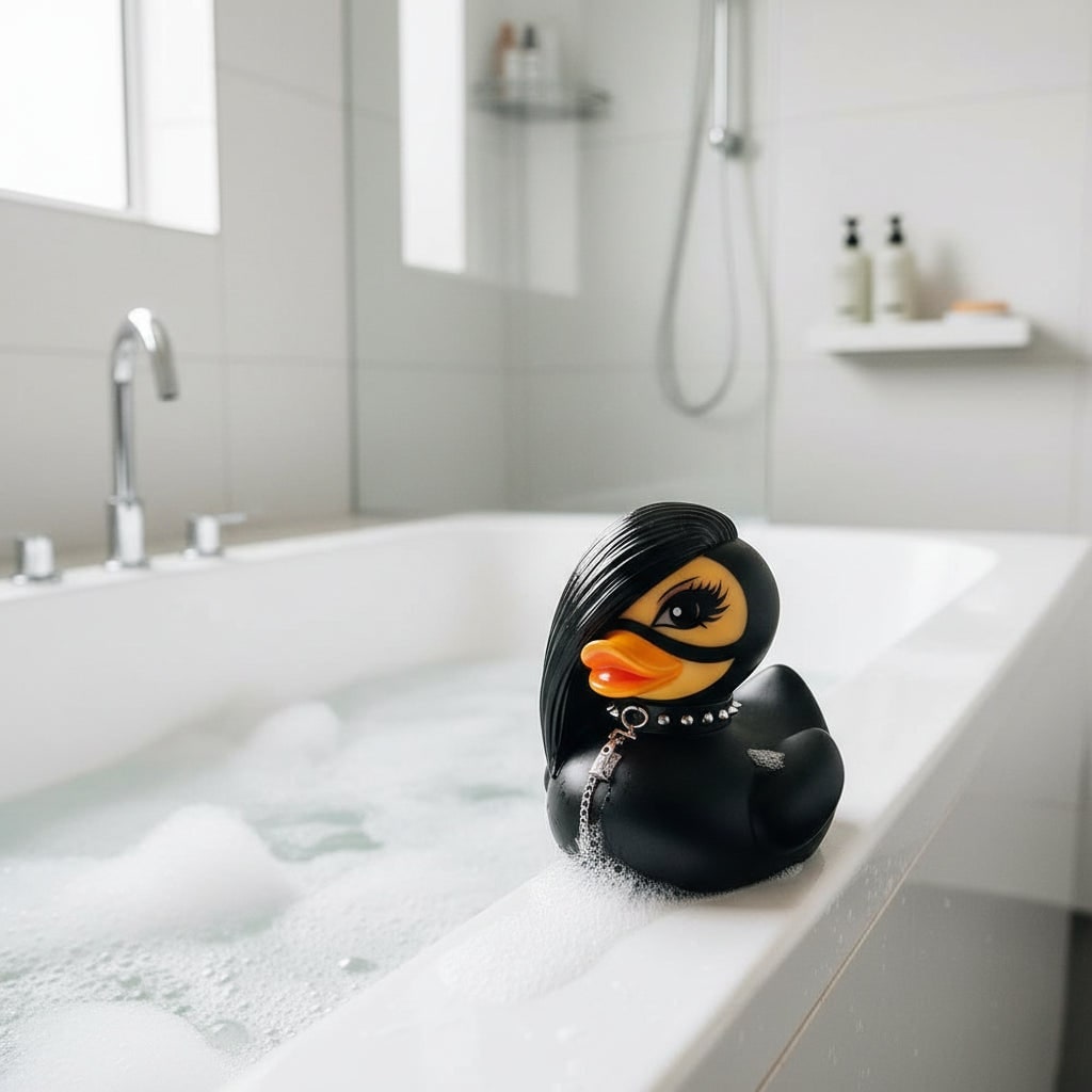 Halloween Spooky Rubber Duckling Squishy Duck Goth Punk Decoration with Studded Collar and Chains - Image 1