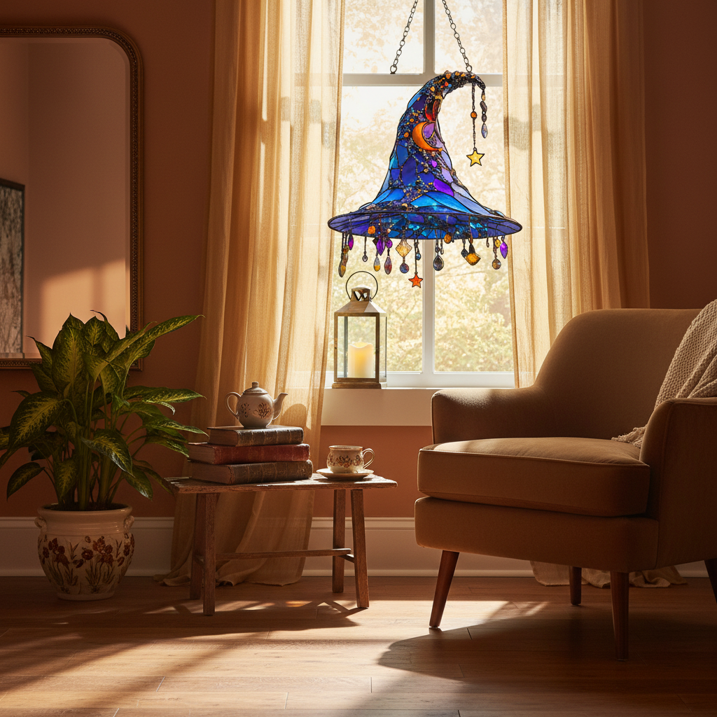 Halloween Stained Glass Beaded Suncatcher Witch Hat Hanging Window Decoration - Image 3