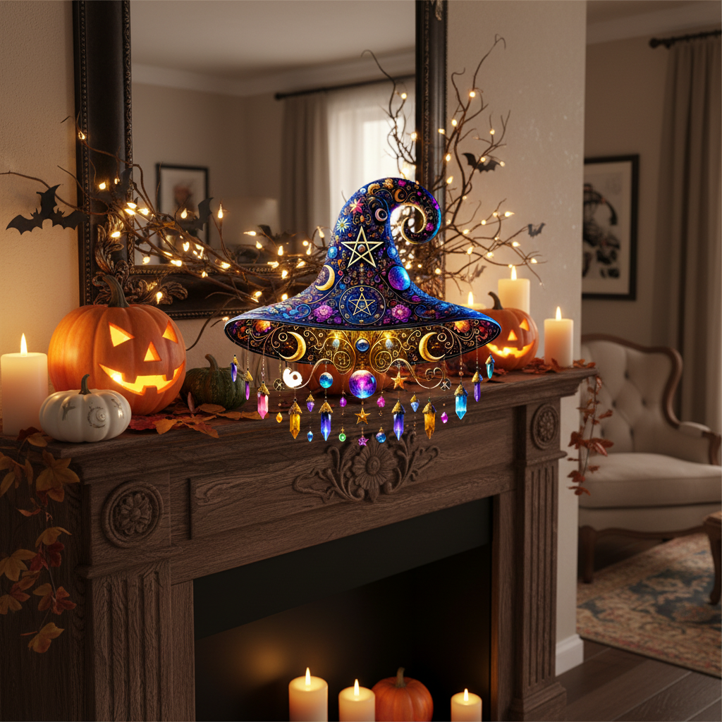 Halloween Stained Glass Beaded Suncatcher Witch Hat Hanging Window Decoration - Image 4